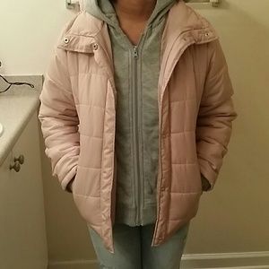 Jacket with attachable hoodie.